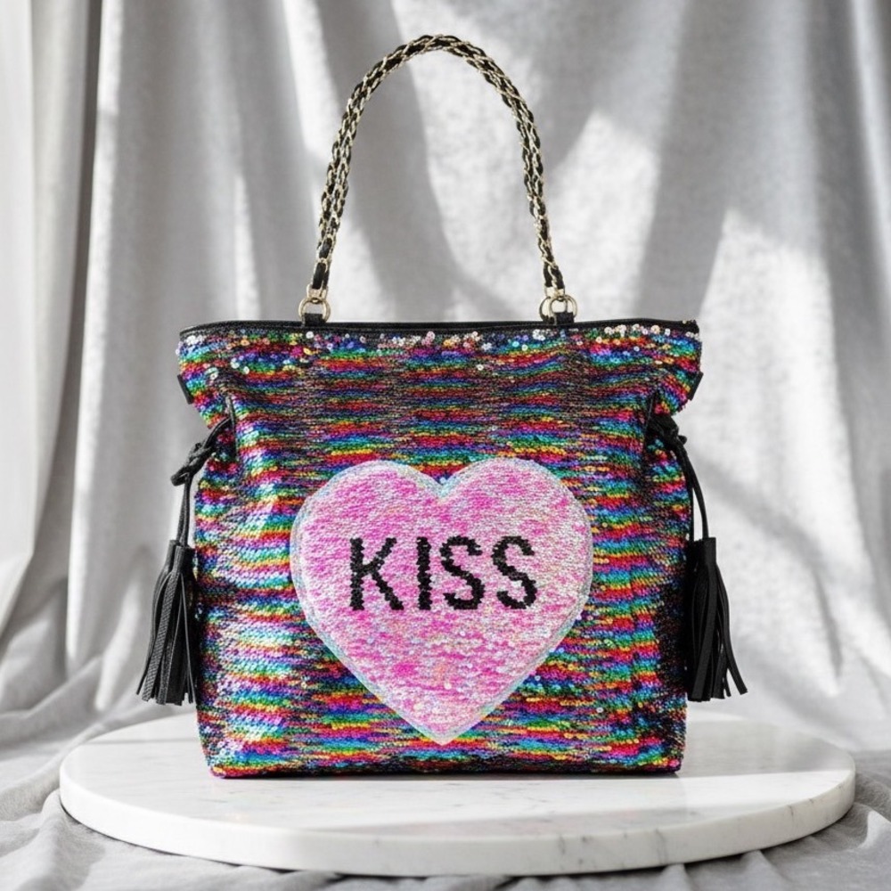 Rainbow Sequin Heart Kiss Tote Bag Chain Shoulder Strap Black Faux Leather Trim